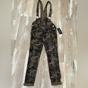NWT Twiin Sisters Olive Camo Distressed Skinny Fit Overalls